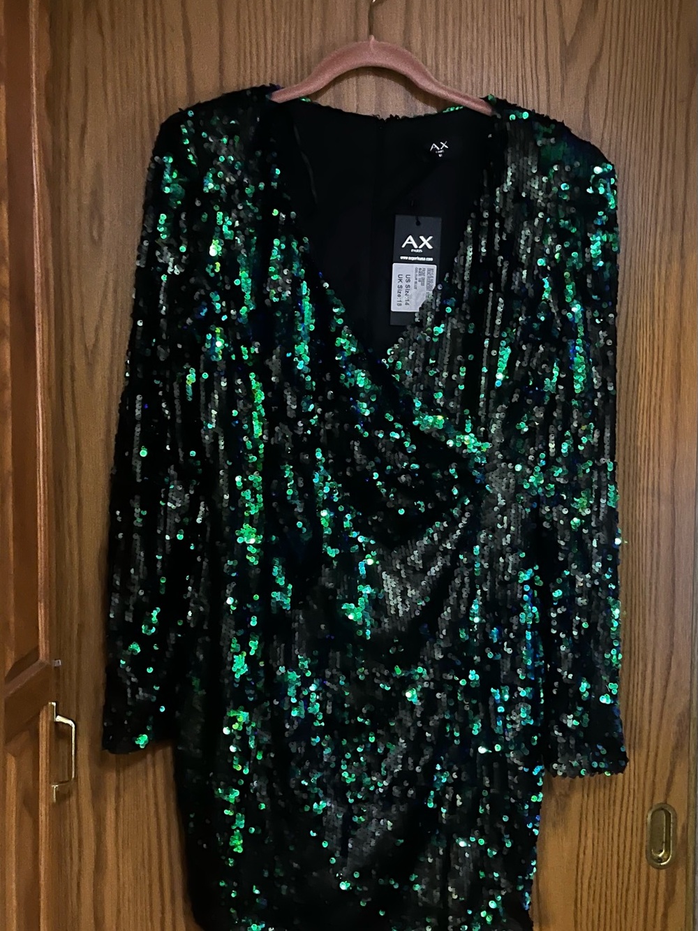 AX Paris Green Blue Iridescent Sequin Wrap-Front Long Sleeve Dress Size 14 NWT